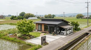 市街化調整区域の田園風景の中に建つモダンな平屋住宅