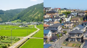 「市街化調整区域」と「市街化区域」の違いを示す分割画像。左側は緑豊かな田園風景と山並みが広がる市街化調整区域、右側は住宅が密集して立ち並ぶ市街化区域の風景。