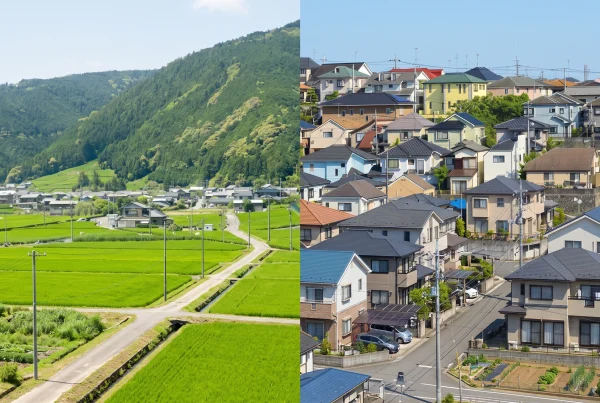 「市街化調整区域」と「市街化区域」の違いを示す分割画像。左側は緑豊かな田園風景と山並みが広がる市街化調整区域、右側は住宅が密集して立ち並ぶ市街化区域の風景。