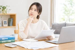 確定申告の書類を見つめる女性